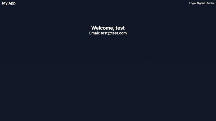 React Application Welcome Screen With Welcome Message, Test Username, And Email Displayed