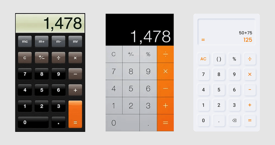 Comparing Calculator User Interfaces In Different Styles. From Left To Right: Skeuomorphism, Flat Design, And Neumorphism