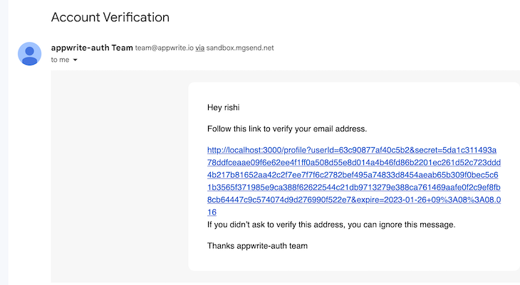Email di verifica di Appwrite contenente link e istruzioni per verificare l'indirizzo e-mail da Appwrite