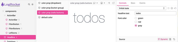 Selecting a color with the radio group control