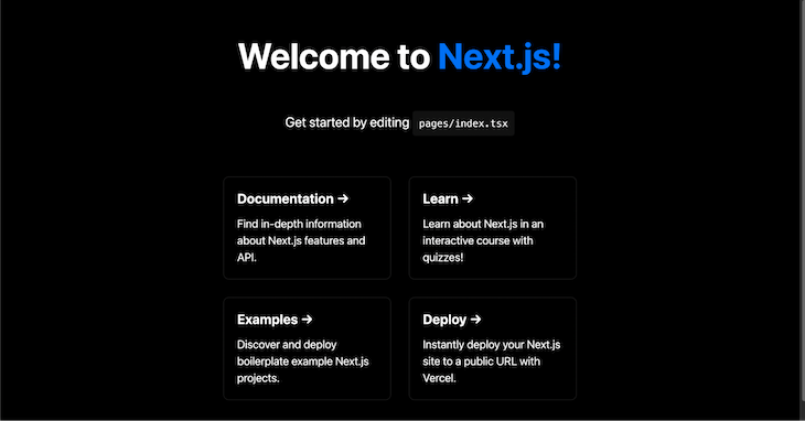 Next Js Boilerplate Application Open To Welcome Screen In Dark Mode With Instructions And Links To Resources