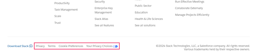 Slack Website Footer With Legal Links Highlighted