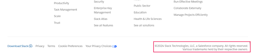 Slack Website Footer With Copyright Notice Highlighted
