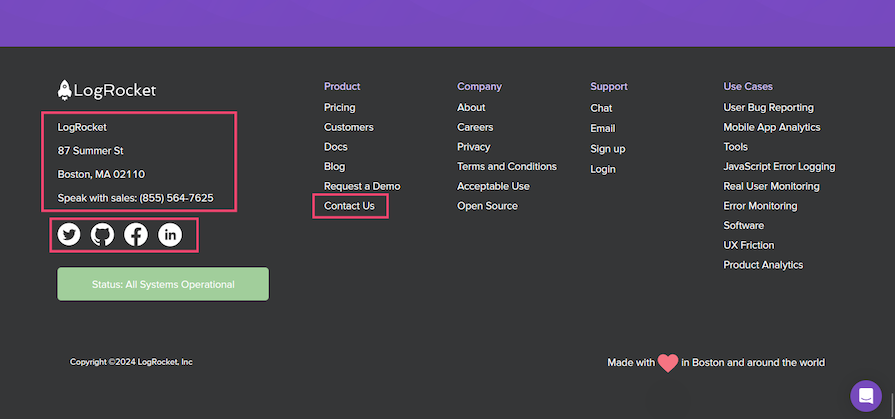 Logrocket Website Footer With Address, Social Links, And Contact Info Highlighted
