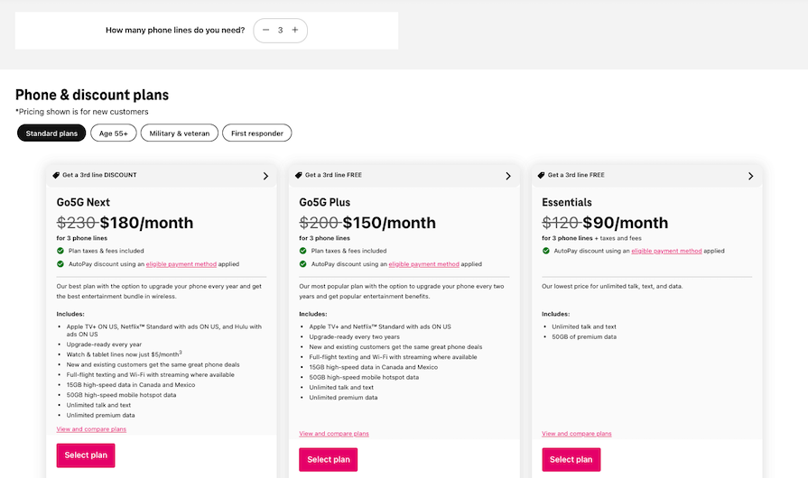 T Mobile Dynamic Comparison Table Example