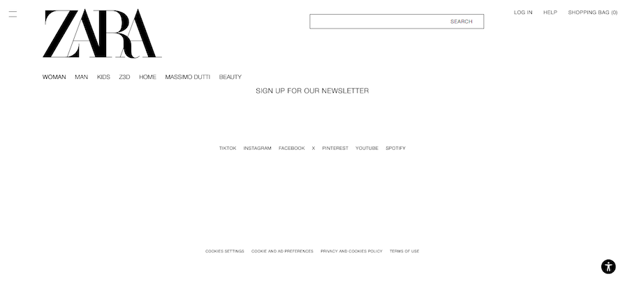 Zara Website Footer