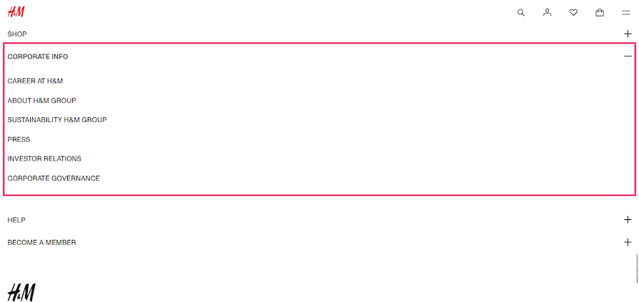 H And M Website Footer With Accordion Component Expanded And Highlighted