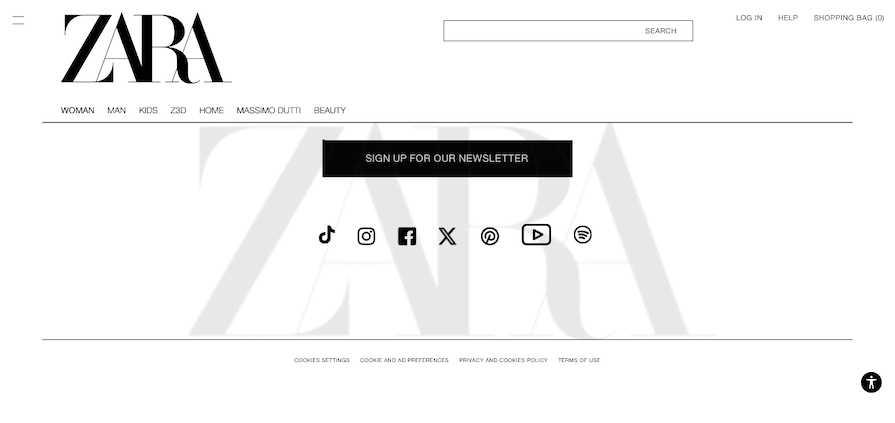 Reimagined Zara Website Footer