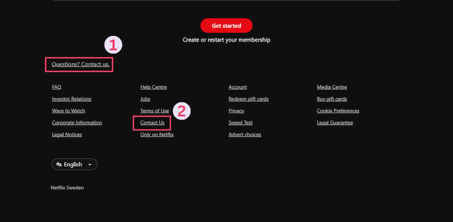 Netflix Website Footer With Two Of The Same Contact Links Highlighted