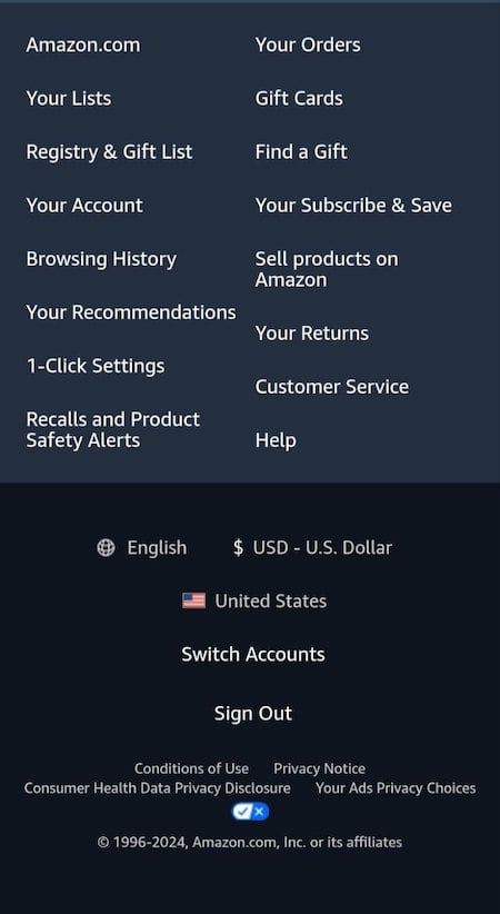 Amazon Mobile Website Footer Example