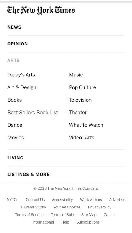 New York Times Mobile Website Footer Example Accordion Component