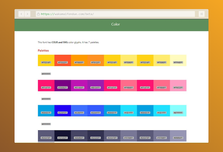 Homepage Of Wakamai Fondue Homepage Showing Seven Available Colorv1 Palettes For Queried Font, Which Is Not Shown