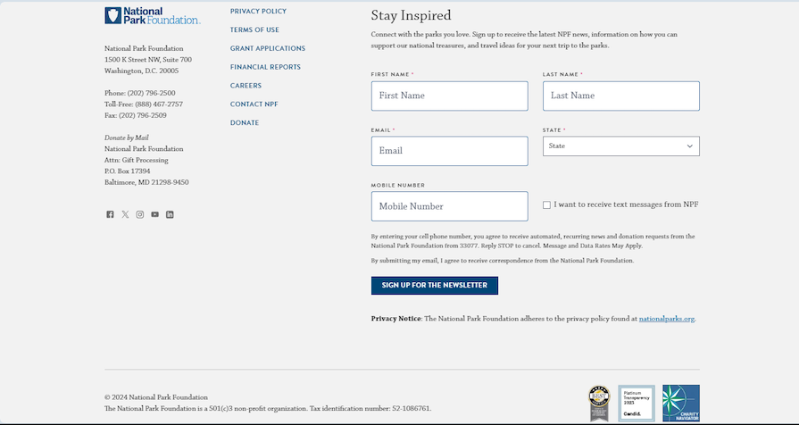 National Park Foundation Website Footer Example