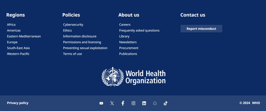 World Health Organization Website Footer Example