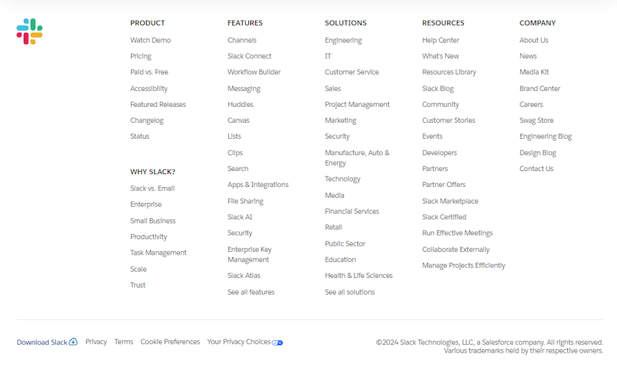 Slack Website Footer Acting As Functional Sitemap