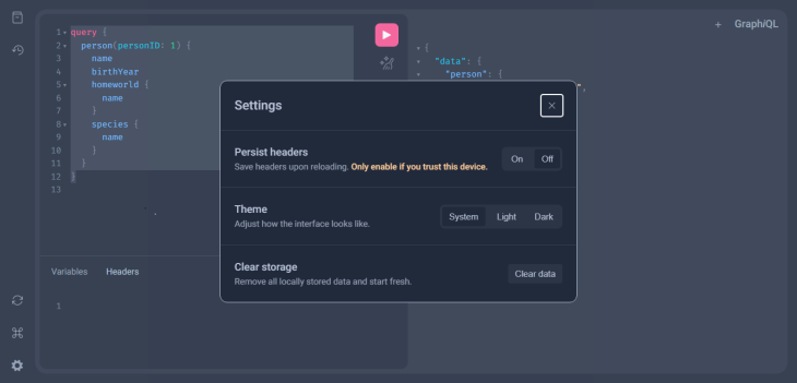 Graphiql Interface With Settings Panel Open In Popup