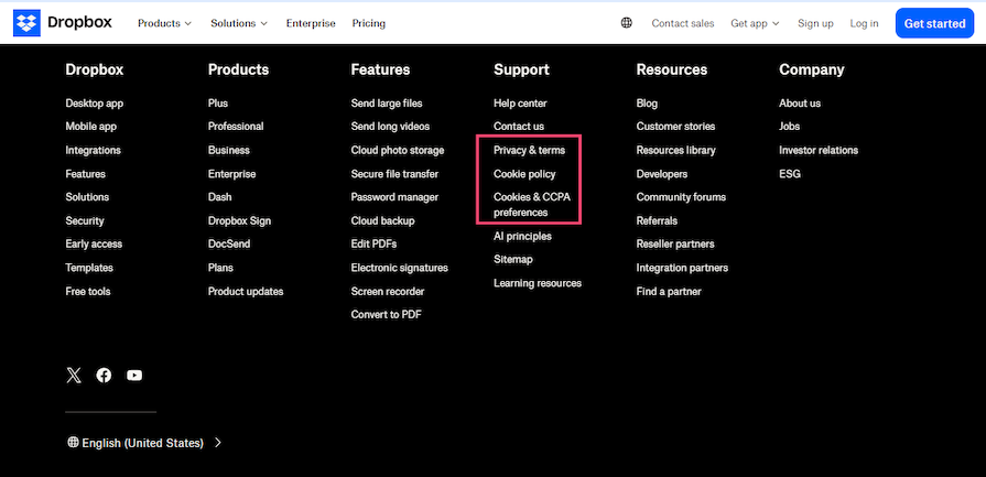 Dropbox Footer With Legal Document Links Highlighted