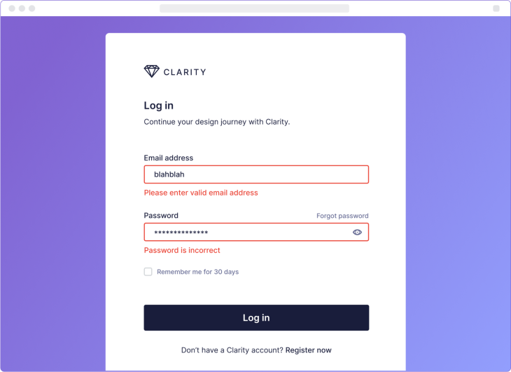Clarity Wrong Email and Password