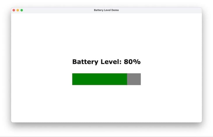 Demo Of Battery Status Api With White Background, Black Text Providing Battery Level Percentage, And Grey Battery Bar Filled With Eighty Percent Green