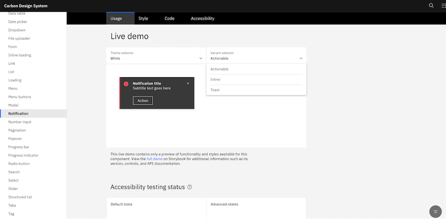 Example Design System From Ibm Carbon Showing Documentation For Notification Ui Component