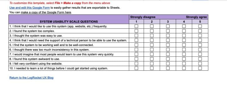 System Usability Scale Template