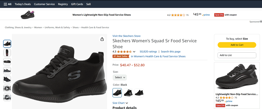 Contextual Disclosure Example: Amazon Product Page Revealing Available Product Info Upon Size Selection