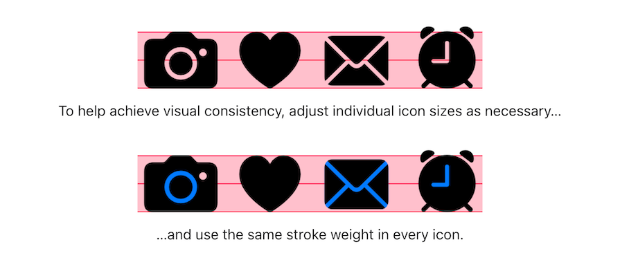 Two Horizontal Rows Of Icons Demonstrating Apple's Human Interface Guidelines For Maintaining Visual Consistency