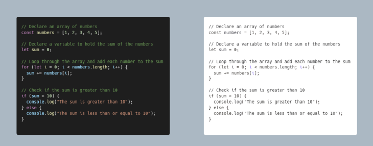 Example Code Snippet Comparison With Syntax Highlighting On Left And Without Syntax Highlighting On Right