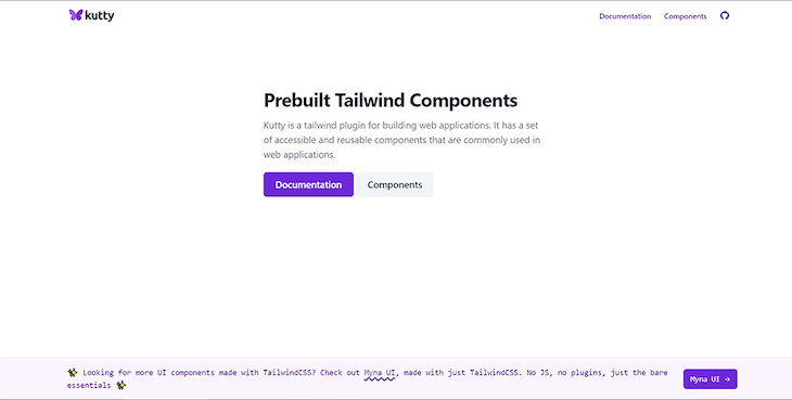 Kutty Tailwind Css Component Plugin White And Purple Homepage With Description And Button To Access Documentation And Components