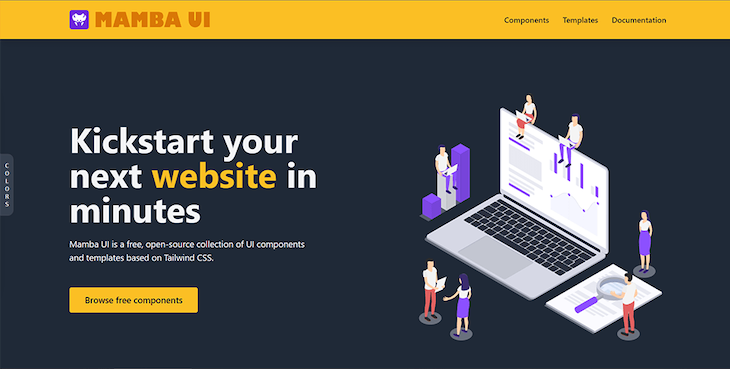 Mamba Ui Tailwind Css Component Collection Yellow And Dark Navy Homepage With Description And Button To Browse Components