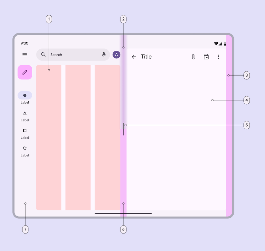 Material Design Guidelines For Consistent Layouts Displaying A Demo Layout In Pastel Pink, Purple, And Grey With Numbers And Lines Labeling Various Aspects