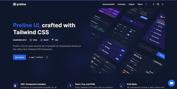 Preline Ui Tailwind Css Component Library Dark Blue Homepage With Description And Button To Get Started