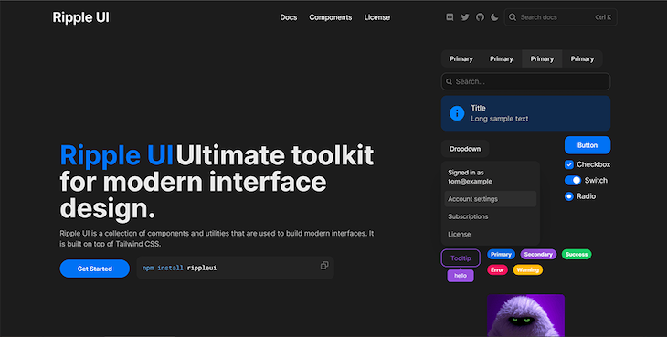 Ripple Ui Tailwind Css Component Collection Black Homepage With Description And Button To Get Started