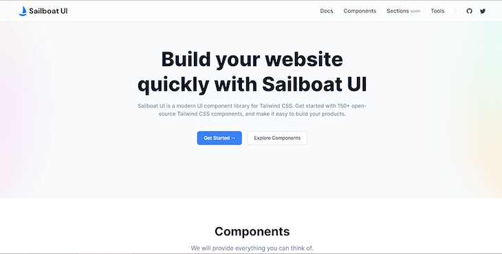 Sailboat Ui Tailwind Css Component Library White Homepage With Description And Buttons To Get Started Or Explore Components