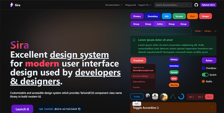 Sira Tailwind Css Design System Dark Background Homepage With Description, Example Components, And Button To Launch Sira