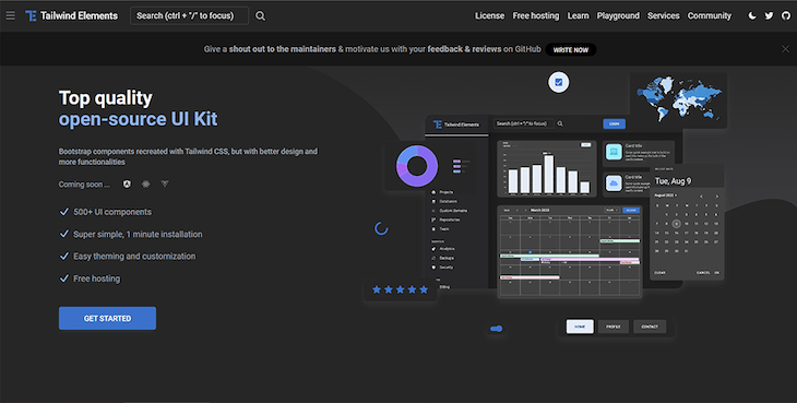 Tailwind Elements Ui Kit Dark Grey Homepage With Description And Button To Get Started
