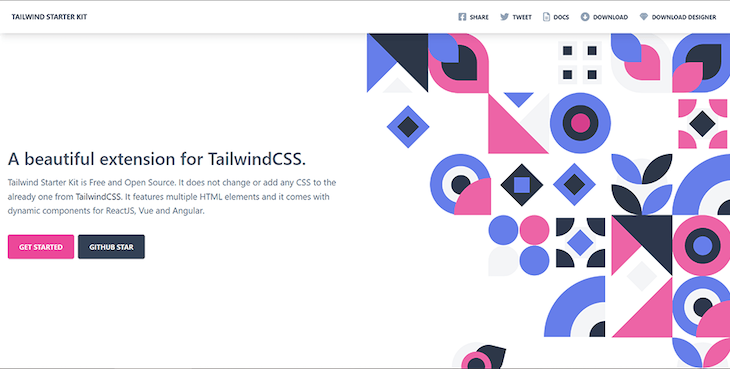 Tailwind Starter Kit Tailwind Css Extension White Homepage With Geometric Design, Description Of Kit, And Button To Get Started
