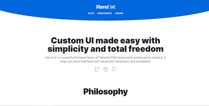 Xtend Ui Tailwind Css Component Library White And Light Blue Homepage With Description Of Library