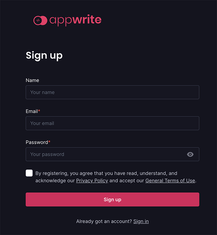 The Appwrite signup page