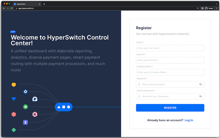 Hyperswitch Web Dashboard Displaying Welcome Message And Registration Form