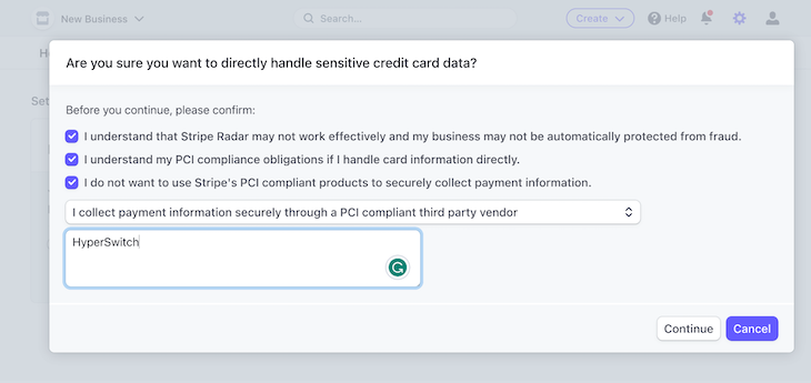 Stripe Dashboard With Popup Consent Modal To Confirm Direct Handling Of Card Info As Toggled On In Previous Step