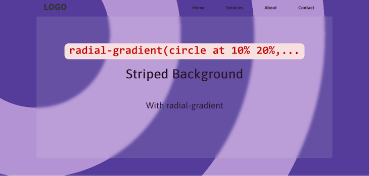 Circular Striped Background With Alternating Dark And Light Purple Stripes Using Css Radial Gradient And Positioned At Ten Degrees From The Left And Twenty Degrees From The Top