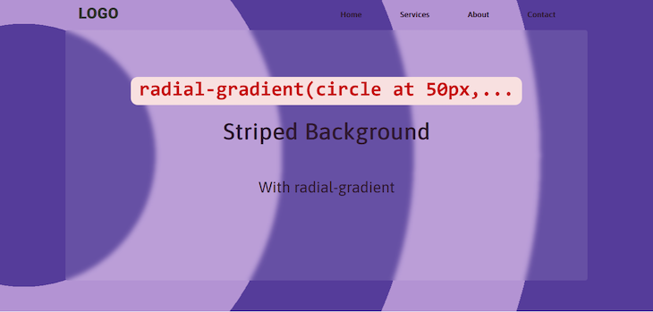 Circular Striped Background With Alternating Dark And Light Purple Stripes Using Css Radial Gradient And Positioned At Fifty Pixels From The Left And Vertically Centered