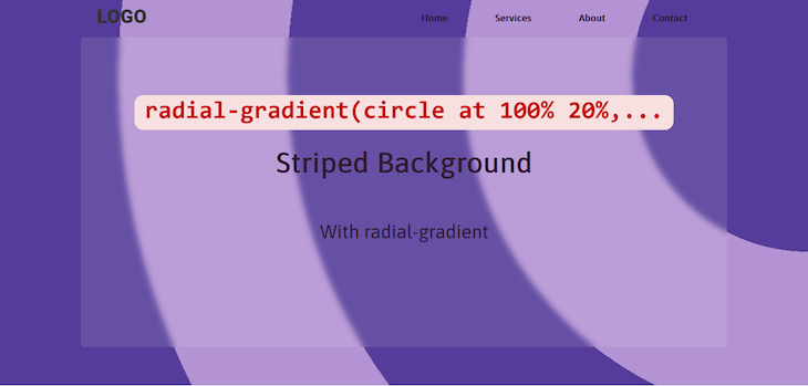 Circular Striped Background With Alternating Dark And Light Purple Stripes Using Css Radial Gradient And Positioned At One Hundred Degrees From The Left And Twenty Degrees From The Top