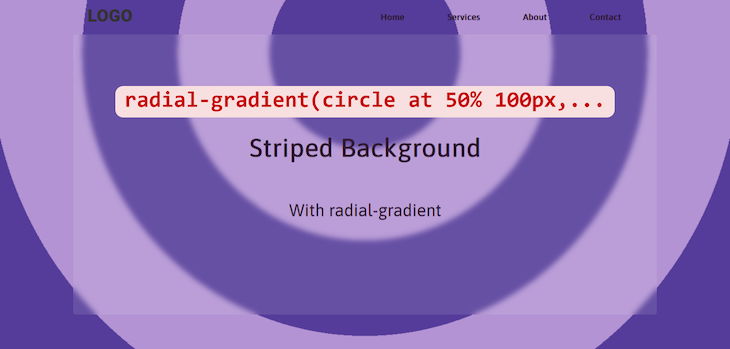 Circular Striped Background With Alternating Dark And Light Purple Stripes Using Css Radial Gradient And Positioned At Fifty Pixels From The Left And One Hundred Pixels From The Top