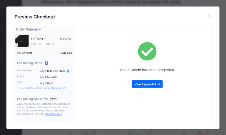 Successful Test Payment Screen In Hyperswitch Showing Completed Payment