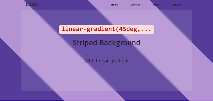 Striped Background With Alternating Light and Dark Purple Stripes Angled At Forty Five Degrees With Css Linear Gradient