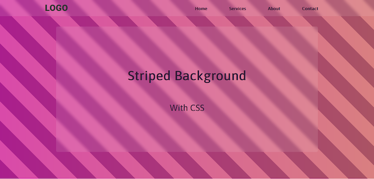 Slightly Transparent Css Striped Background With Alternating Light and Dark Purple Stripes Angled At Forty Five Degrees With Second Pink And Orange Gradient Layer