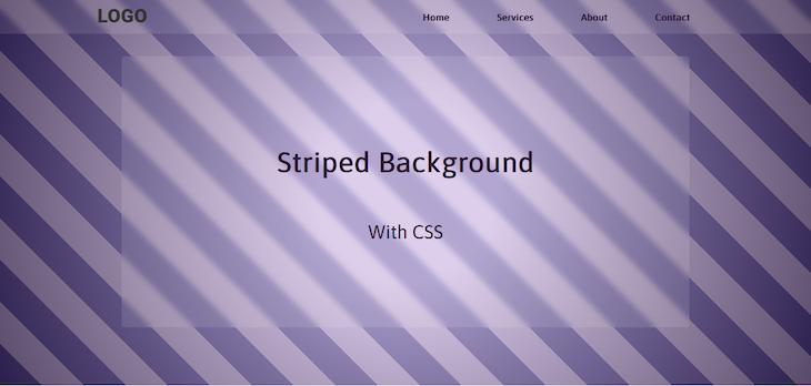 Slightly Transparent Css Striped Background With Alternating Light and Dark Purple Stripes Angled At Forty Five Degrees With Darkened Edges Using Radial Gradient Layer