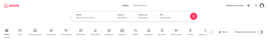 Airbnb Website Screenshot Showing Long List Of Tabs With Button To Scroll Through Tabs Menu